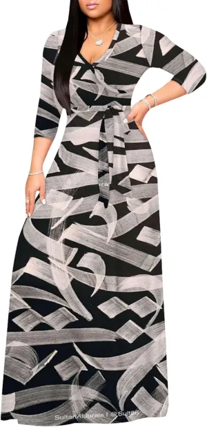 Women's Plus Size Summer Dress Sexy V Neck Midi Dress Floral Flowing Maxi Dress Ombre Casual Sundress with Belt