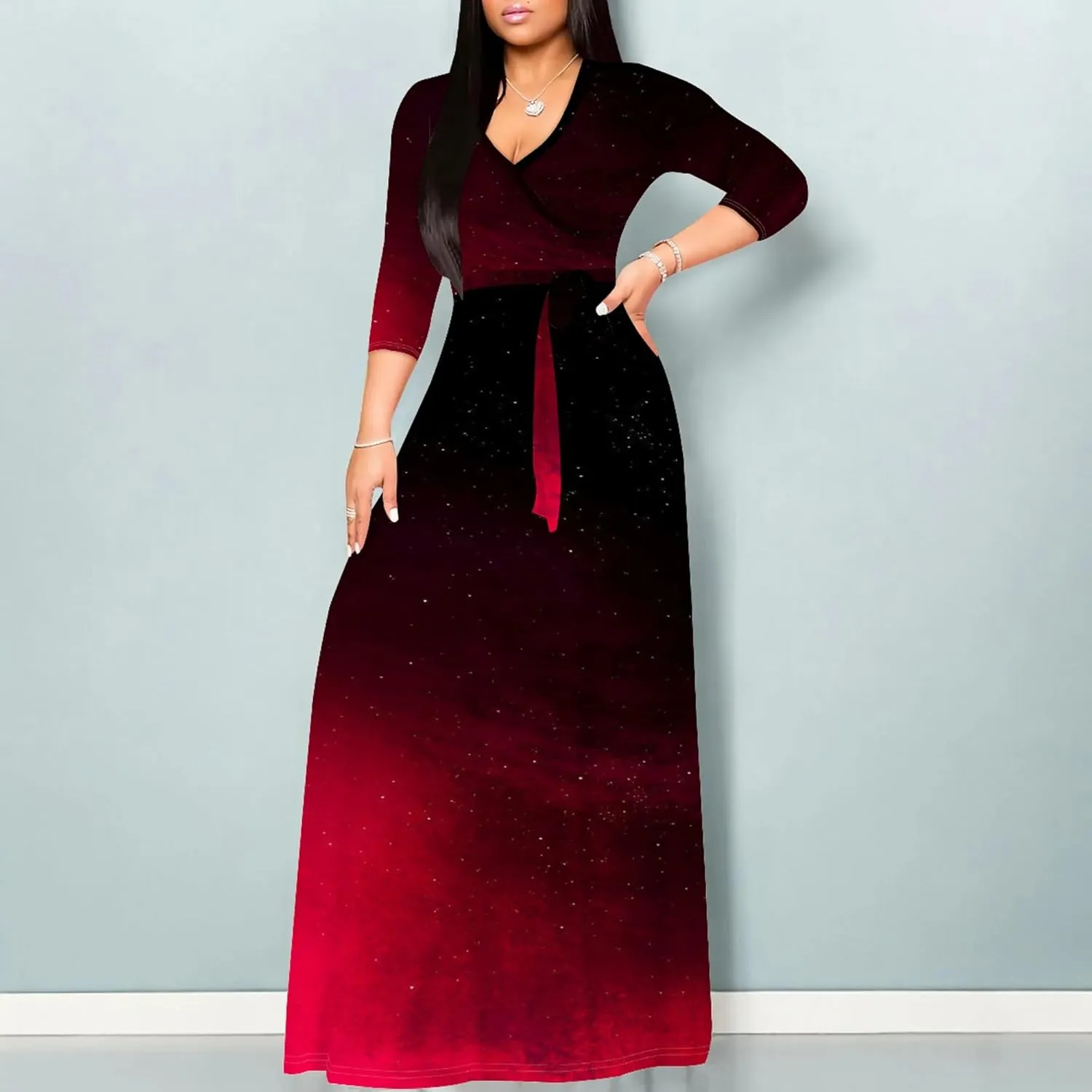 Women's Plus Size Summer Dress Sexy V Neck Midi Dress Floral Flowing Maxi Dress Ombre Casual Sundress with Belt