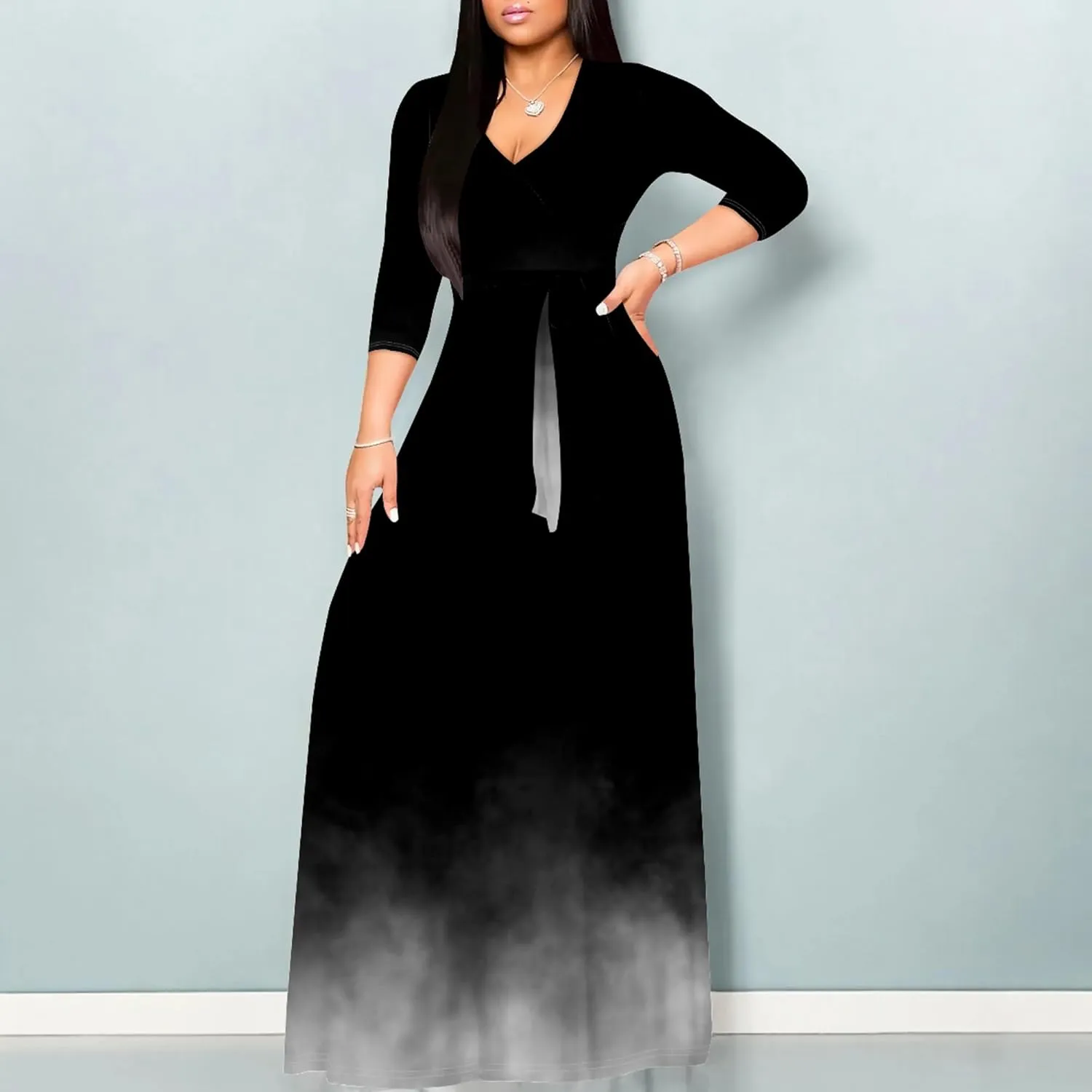 Women's Plus Size Summer Dress Sexy V Neck Midi Dress Floral Flowing Maxi Dress Ombre Casual Sundress with Belt