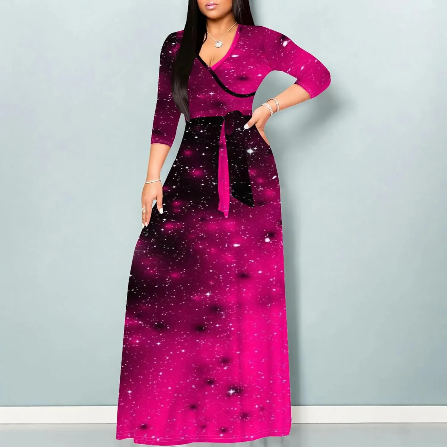 Women's Plus Size Summer Dress Sexy V Neck Midi Dress Floral Flowing Maxi Dress Ombre Casual Sundress with Belt
