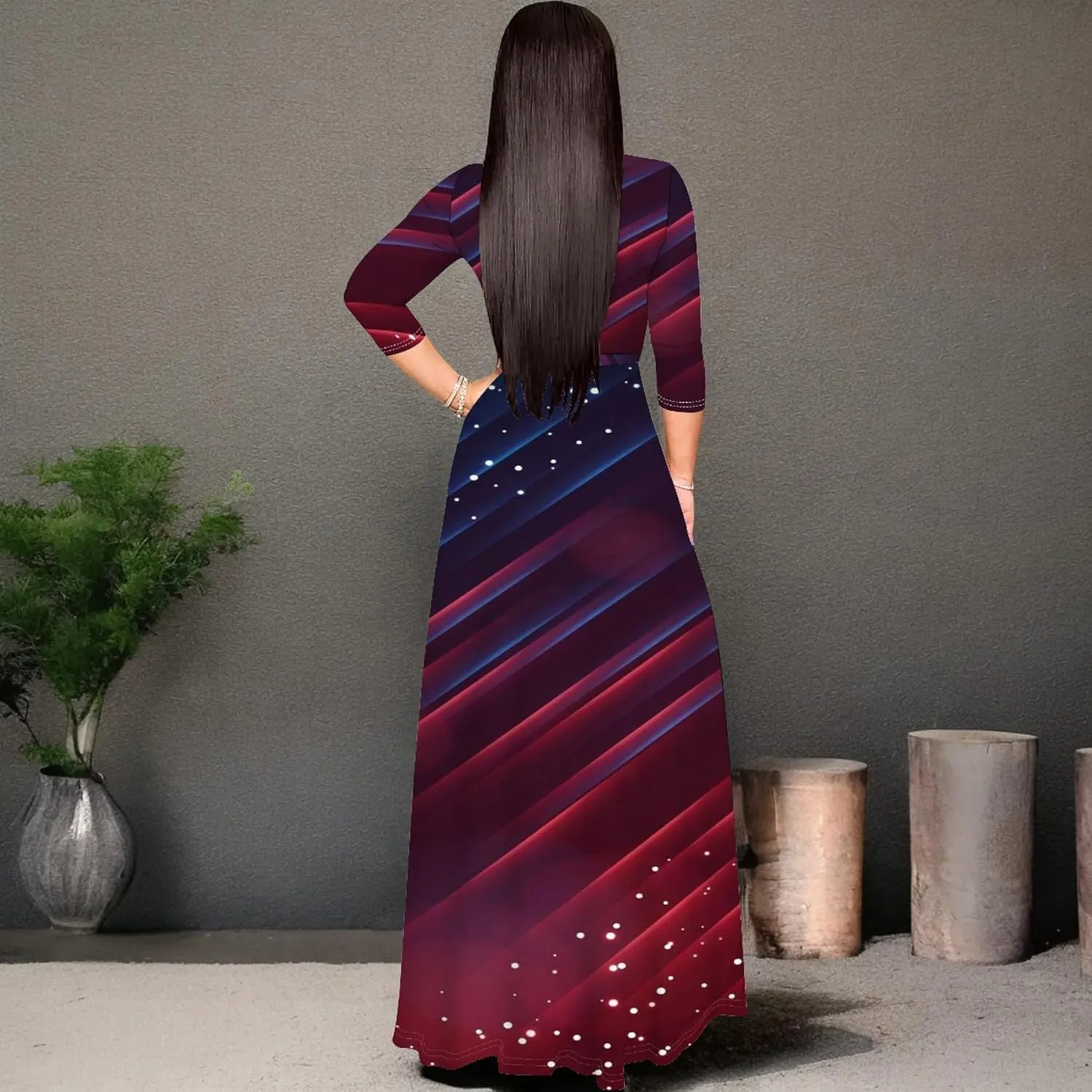 Women's Plus Size Summer Dress Sexy V Neck Midi Dress Floral Flowing Maxi Dress Ombre Casual Sundress with Belt