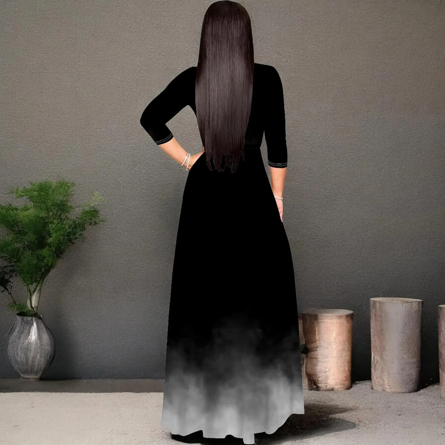 Women's Plus Size Summer Dress Sexy V Neck Midi Dress Floral Flowing Maxi Dress Ombre Casual Sundress with Belt