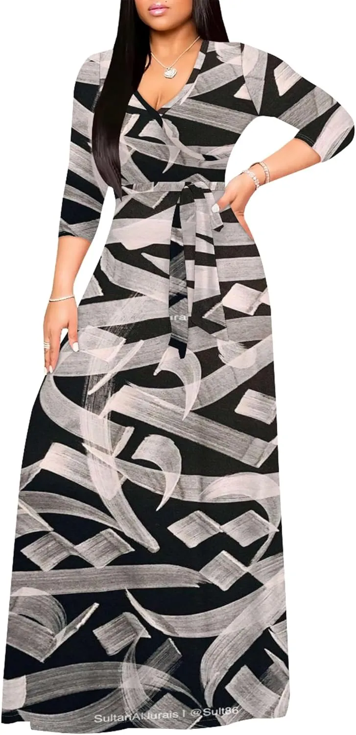 Women's Plus Size Summer Dress Sexy V Neck Midi Dress Floral Flowing Maxi Dress Ombre Casual Sundress with Belt