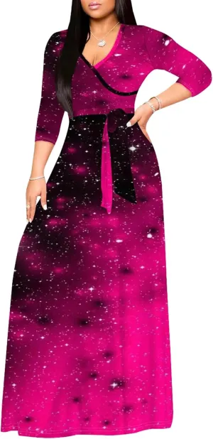 Women's Plus Size Summer Dress Sexy V Neck Midi Dress Floral Flowing Maxi Dress Ombre Casual Sundress with Belt