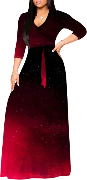 Women's Plus Size Summer Dress Sexy V Neck Midi Dress Floral Flowing Maxi Dress Ombre Casual Sundress with Belt