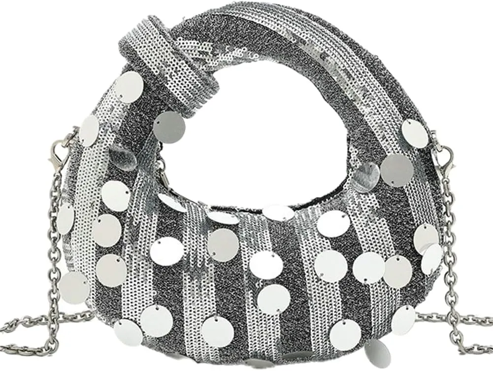 Womens Sequin Purse Evening Wristlet Clutch Small Crossbody Shoulder Bag with Chain Crescent Handbags for Party