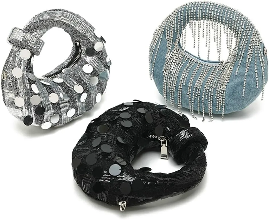 Womens Sequin Purse Evening Wristlet Clutch Small Crossbody Shoulder Bag with Chain Crescent Handbags for Party