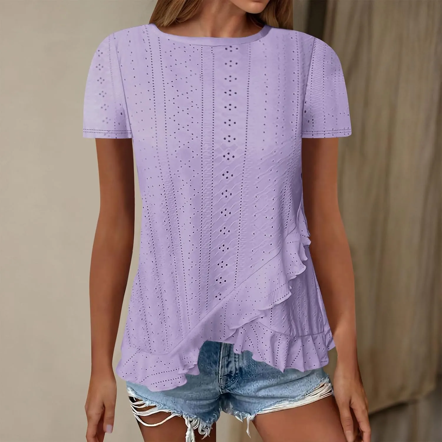 Womens Short Sleeve Eyelet Tops Summer Wrap Ruffled Hem Shirts Trendy Casual Dressy Blouse Boho Outfits