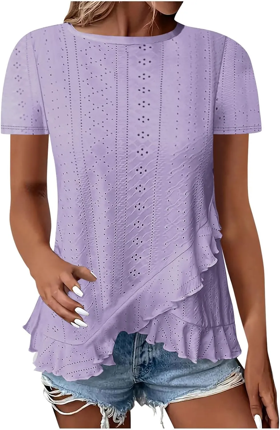 Womens Short Sleeve Eyelet Tops Summer Wrap Ruffled Hem Shirts Trendy Casual Dressy Blouse Boho Outfits