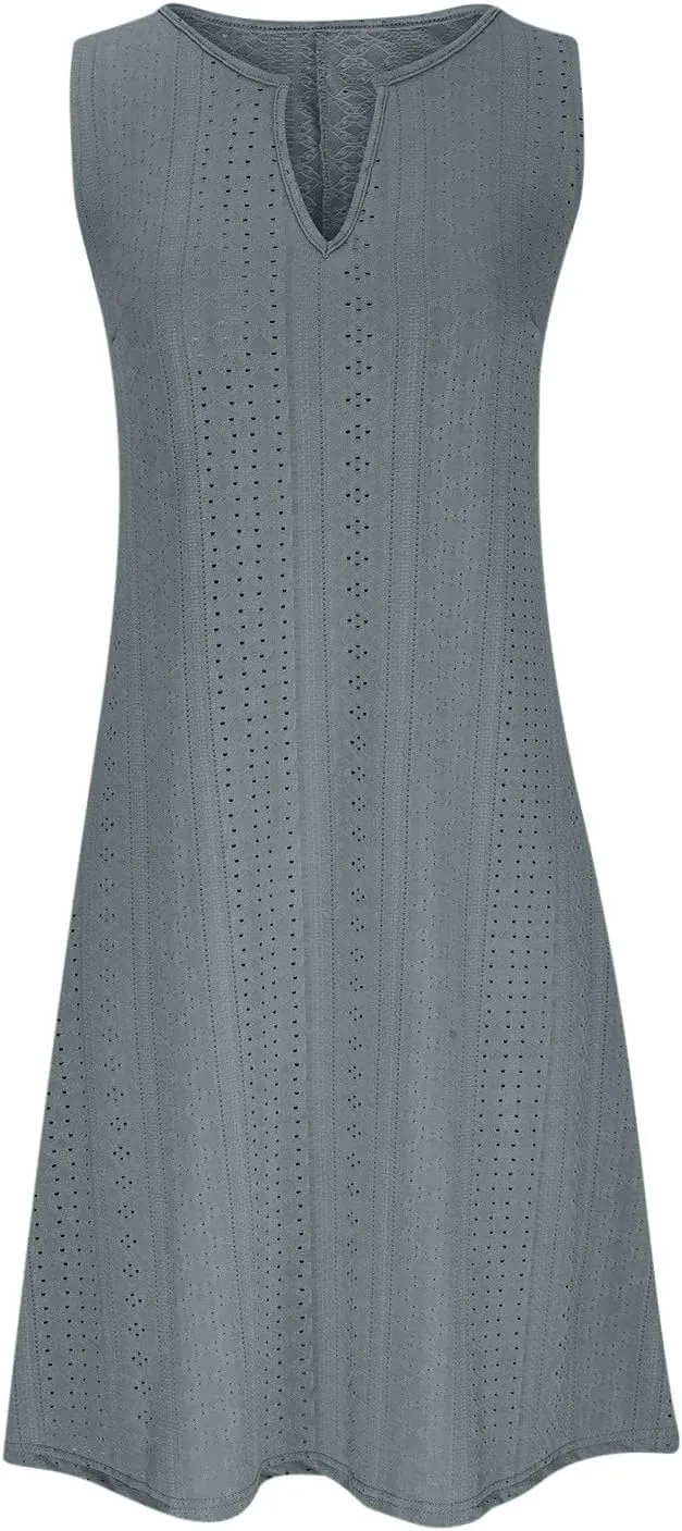 Women's Sleeveless V Neck Eyelet Dress Summer Casual Loose Fit Midi Sundress Elegant Beach Vacation Outfit