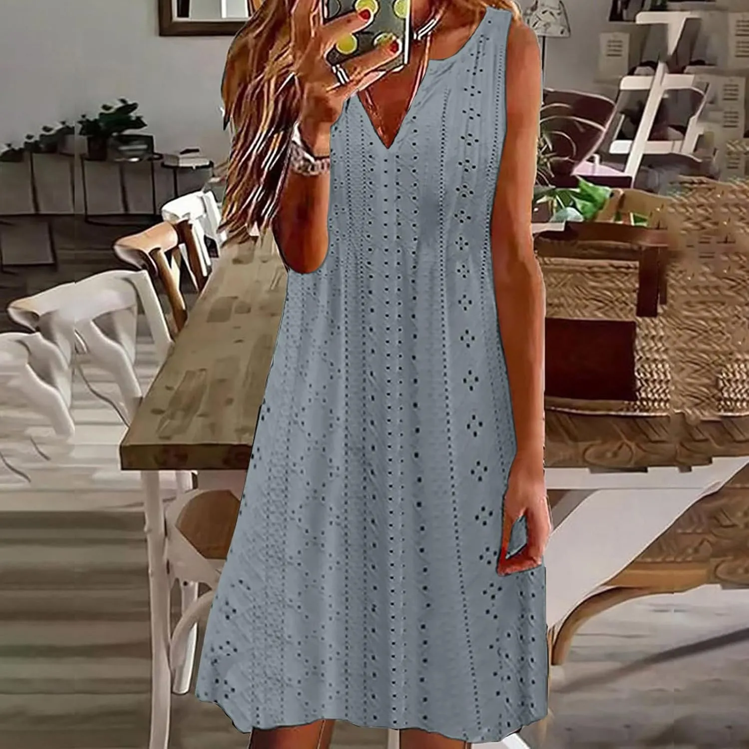 Women's Sleeveless V Neck Eyelet Dress Summer Casual Loose Fit Midi Sundress Elegant Beach Vacation Outfit