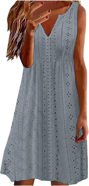 Women's Sleeveless V Neck Eyelet Dress Summer Casual Loose Fit Midi Sundress Elegant Beach Vacation Outfit