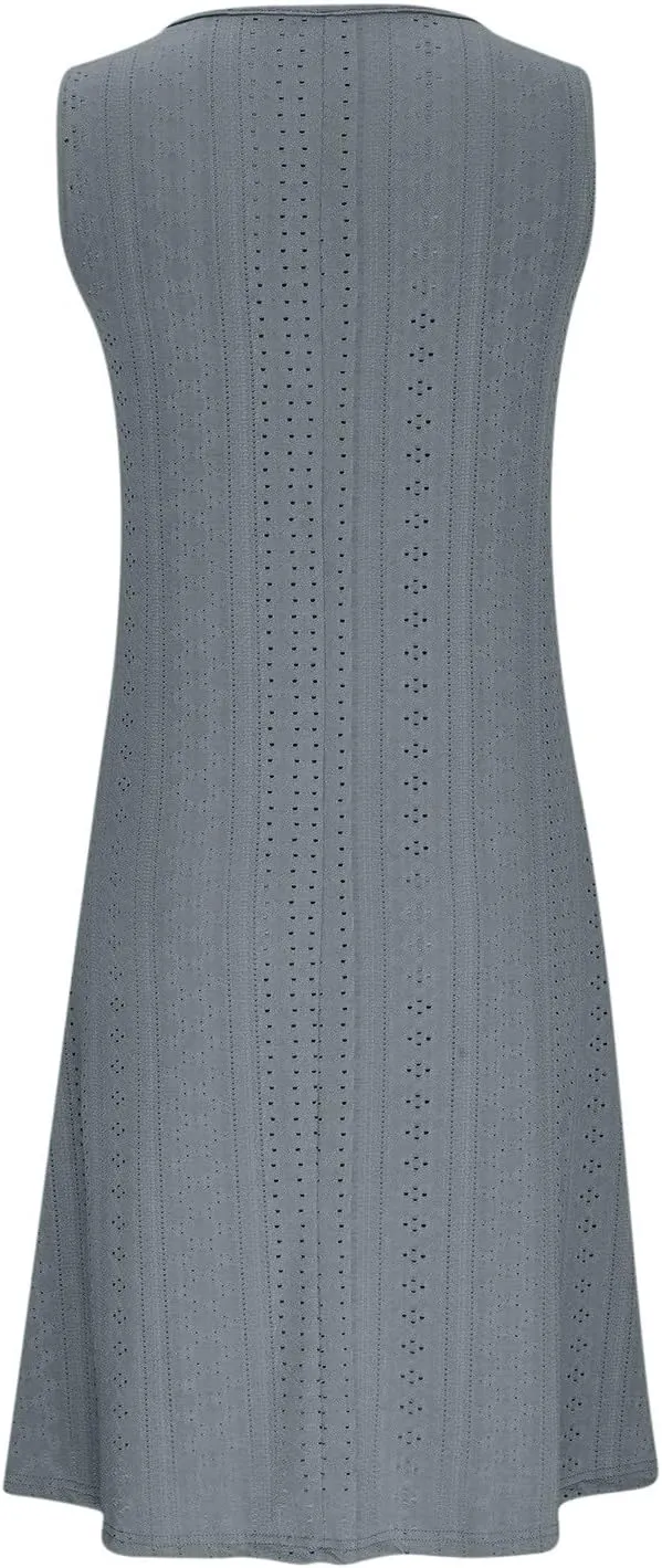 Women's Sleeveless V Neck Eyelet Dress Summer Casual Loose Fit Midi Sundress Elegant Beach Vacation Outfit