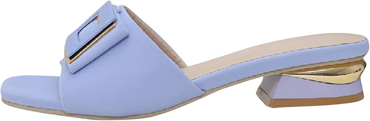Womens Square Toe Dressy Summer Slide Sandal Flat Low Heel Big Metal Buckle Slip On Party Slippers Casual Summer Shoes
