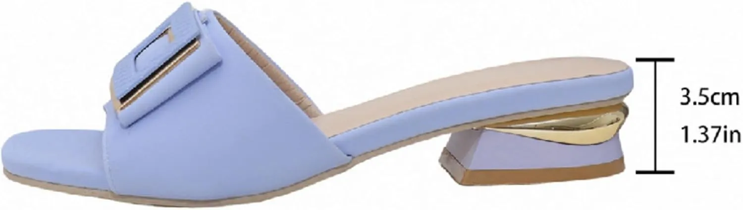 Womens Square Toe Dressy Summer Slide Sandal Flat Low Heel Big Metal Buckle Slip On Party Slippers Casual Summer Shoes