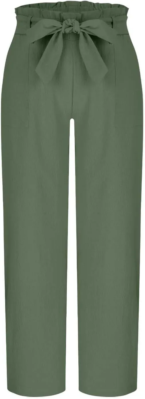Women's Straight Wide Leg Pants 2025 Summer Lounge High Waisted Palazzo Pants Adjustable Tie Knot Trousers w/Pockets