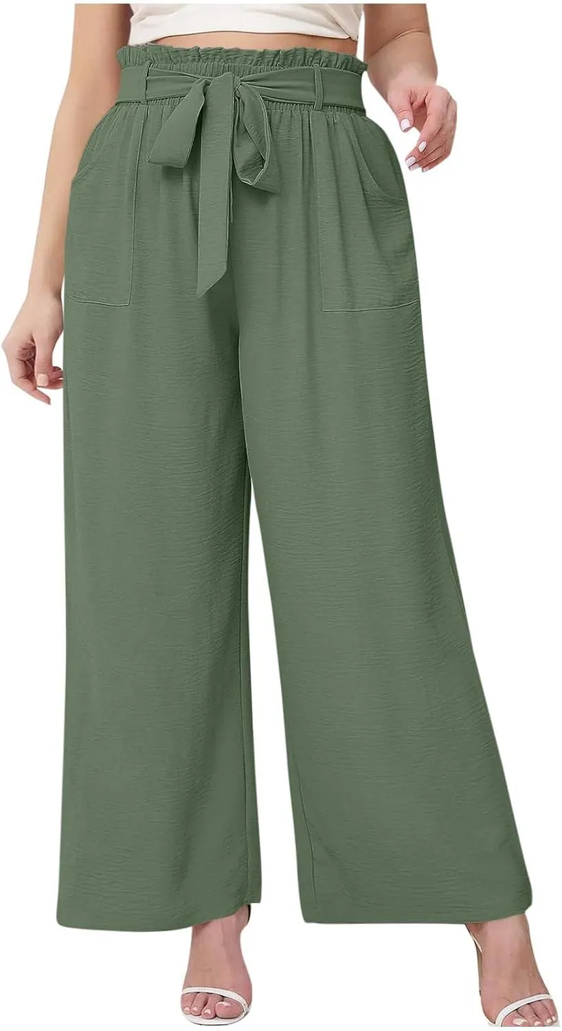 Women's Straight Wide Leg Pants 2025 Summer Lounge High Waisted Palazzo Pants Adjustable Tie Knot Trousers w/Pockets