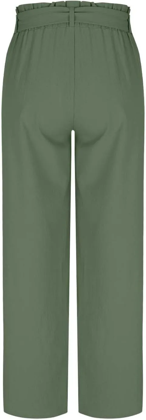 Women's Straight Wide Leg Pants 2025 Summer Lounge High Waisted Palazzo Pants Adjustable Tie Knot Trousers w/Pockets