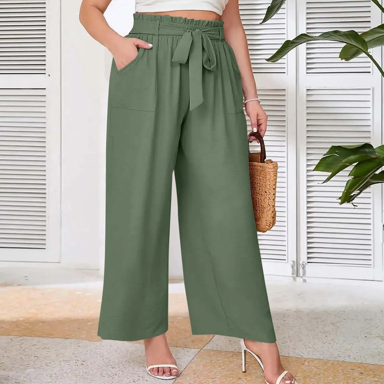 Women's Straight Wide Leg Pants 2025 Summer Lounge High Waisted Palazzo Pants Adjustable Tie Knot Trousers w/Pockets