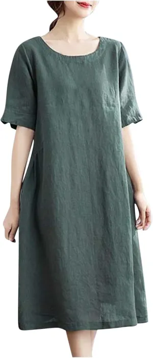 Women's Summer Cotton Linen Dresses with Pockets Solid Color Short Sleeve Crew Neck Casual Loose Fit Midi Dress