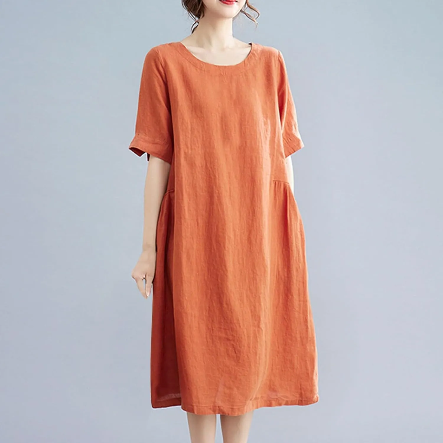 Women's Summer Cotton Linen Dresses with Pockets Solid Color Short Sleeve Crew Neck Casual Loose Fit Midi Dress