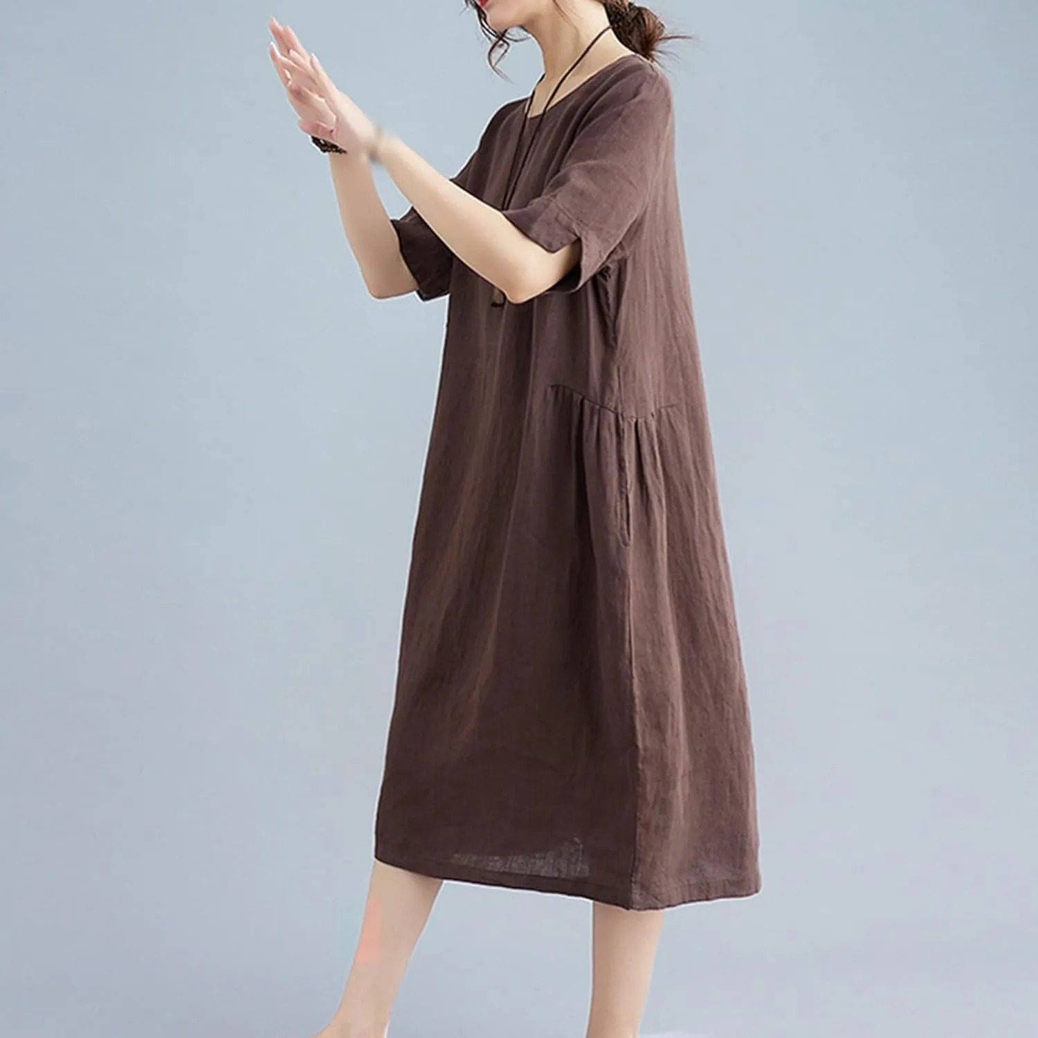 Women's Summer Cotton Linen Dresses with Pockets Solid Color Short Sleeve Crew Neck Casual Loose Fit Midi Dress