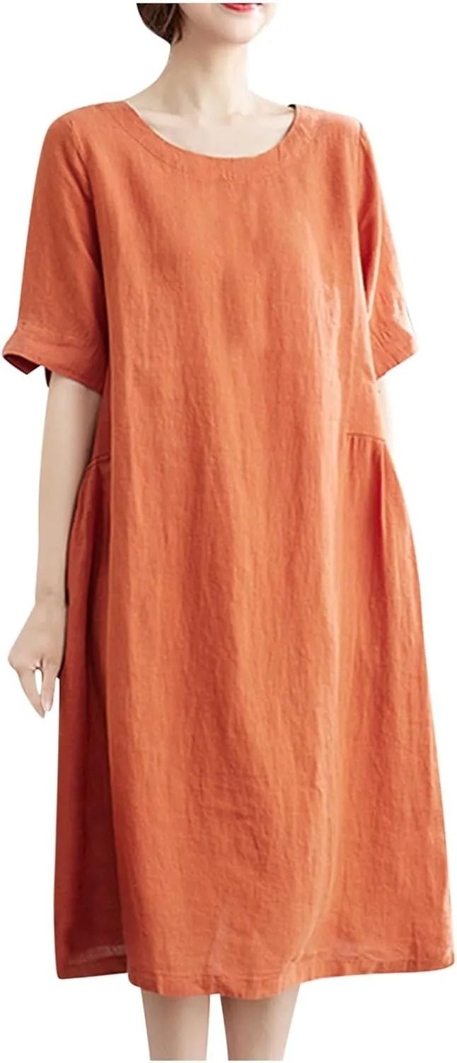 Women's Summer Cotton Linen Dresses with Pockets Solid Color Short Sleeve Crew Neck Casual Loose Fit Midi Dress