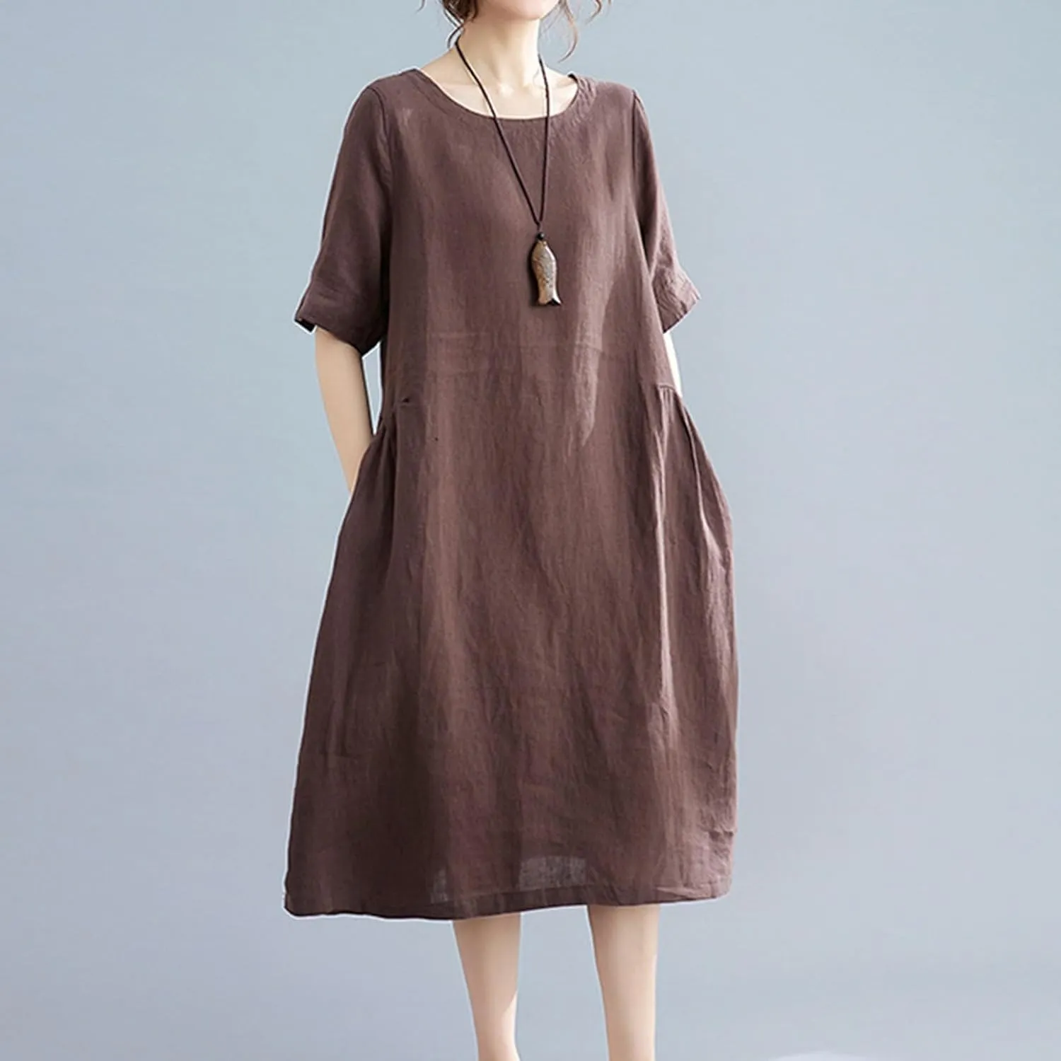 Women's Summer Cotton Linen Dresses with Pockets Solid Color Short Sleeve Crew Neck Casual Loose Fit Midi Dress