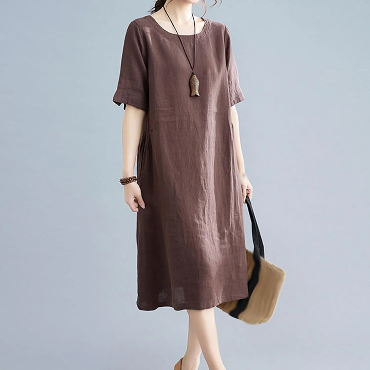 Women's Summer Cotton Linen Dresses with Pockets Solid Color Short Sleeve Crew Neck Casual Loose Fit Midi Dress