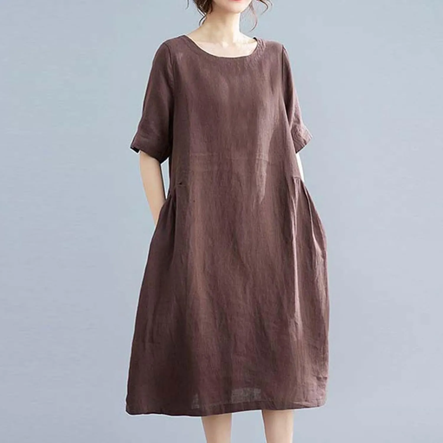 Women's Summer Cotton Linen Dresses with Pockets Solid Color Short Sleeve Crew Neck Casual Loose Fit Midi Dress