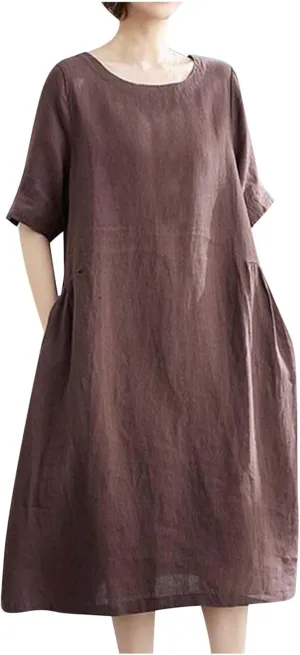Women's Summer Cotton Linen Dresses with Pockets Solid Color Short Sleeve Crew Neck Casual Loose Fit Midi Dress