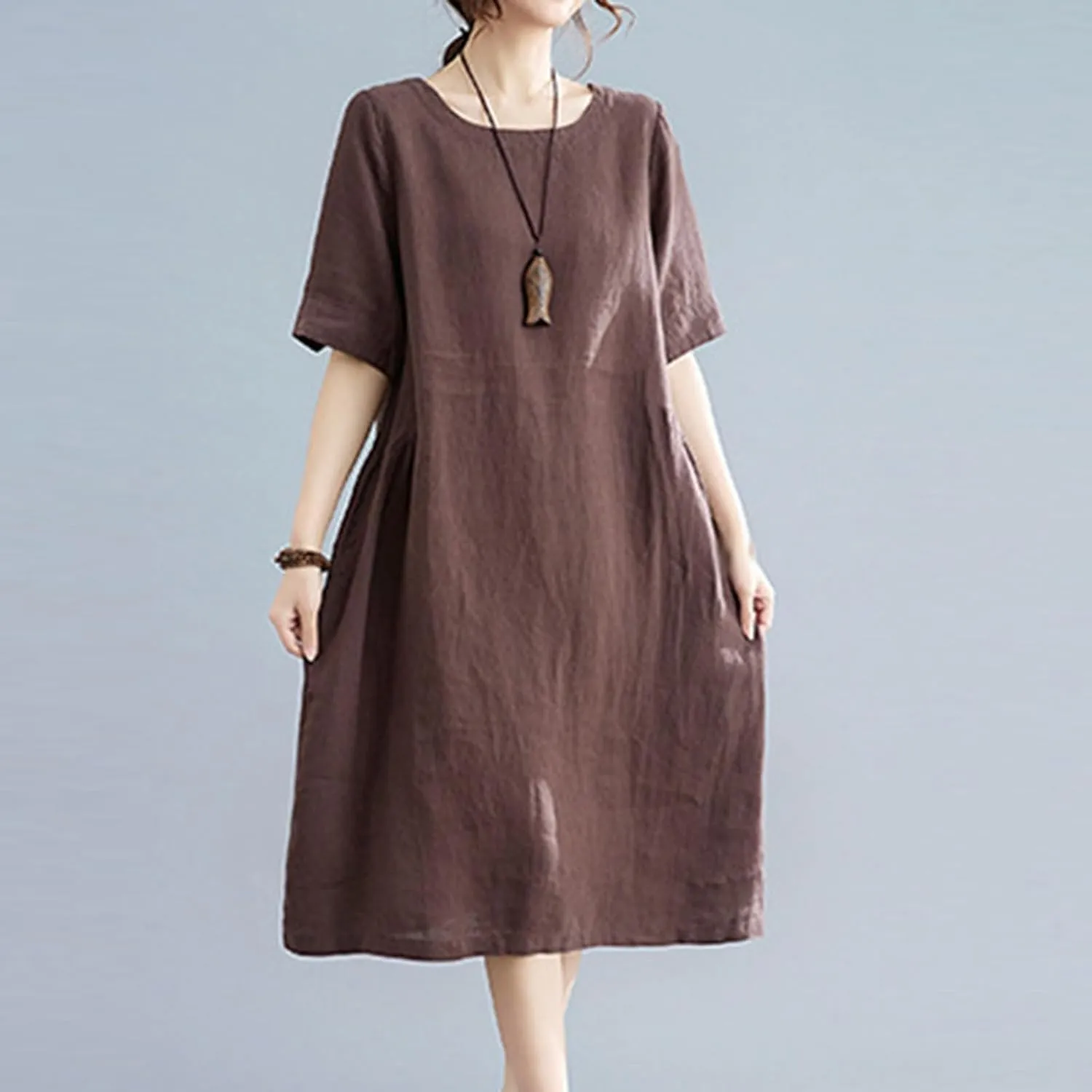 Women's Summer Cotton Linen Dresses with Pockets Solid Color Short Sleeve Crew Neck Casual Loose Fit Midi Dress