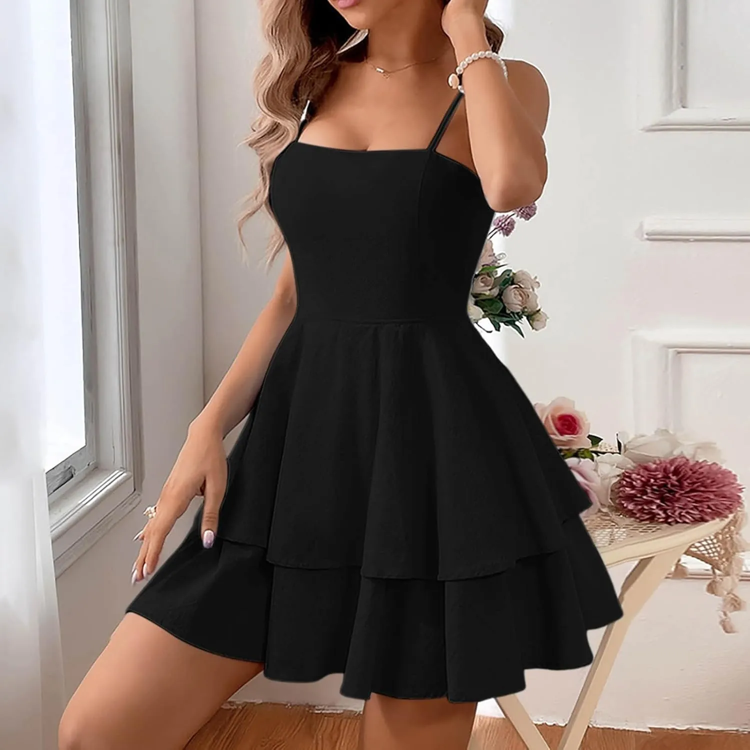 Womens Summer Dress Beach Casual Loose Tshirt Square Neck Strap Mini Dresses Back Bowknot Sun Dresses for Women