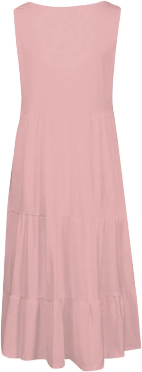Womens Summer Dresses Casual Elegant Smocked Tiered Ruffle Beach Sundress Fashion Sleeveless Solid Tank Dress 2024