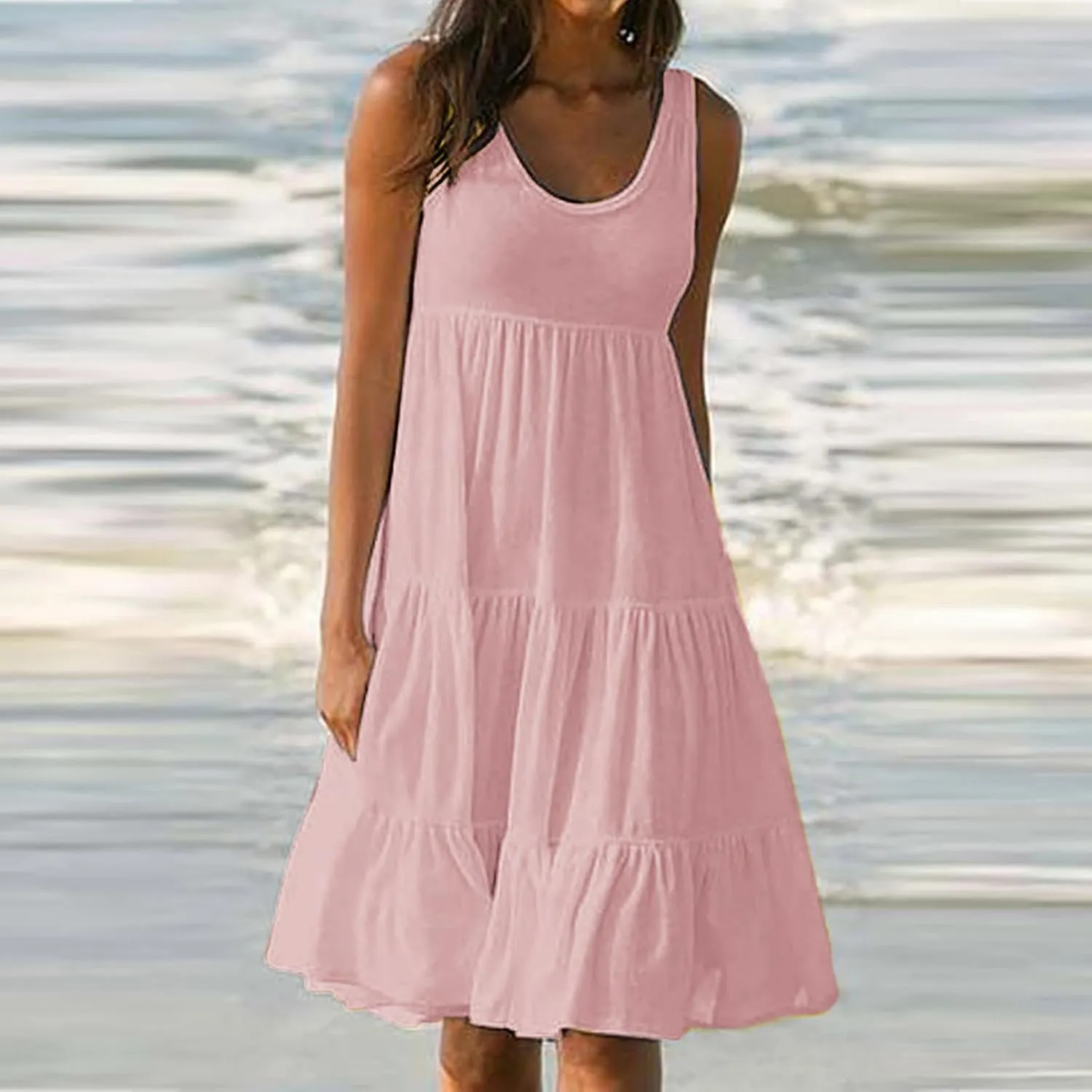 Womens Summer Dresses Casual Elegant Smocked Tiered Ruffle Beach Sundress Fashion Sleeveless Solid Tank Dress 2024