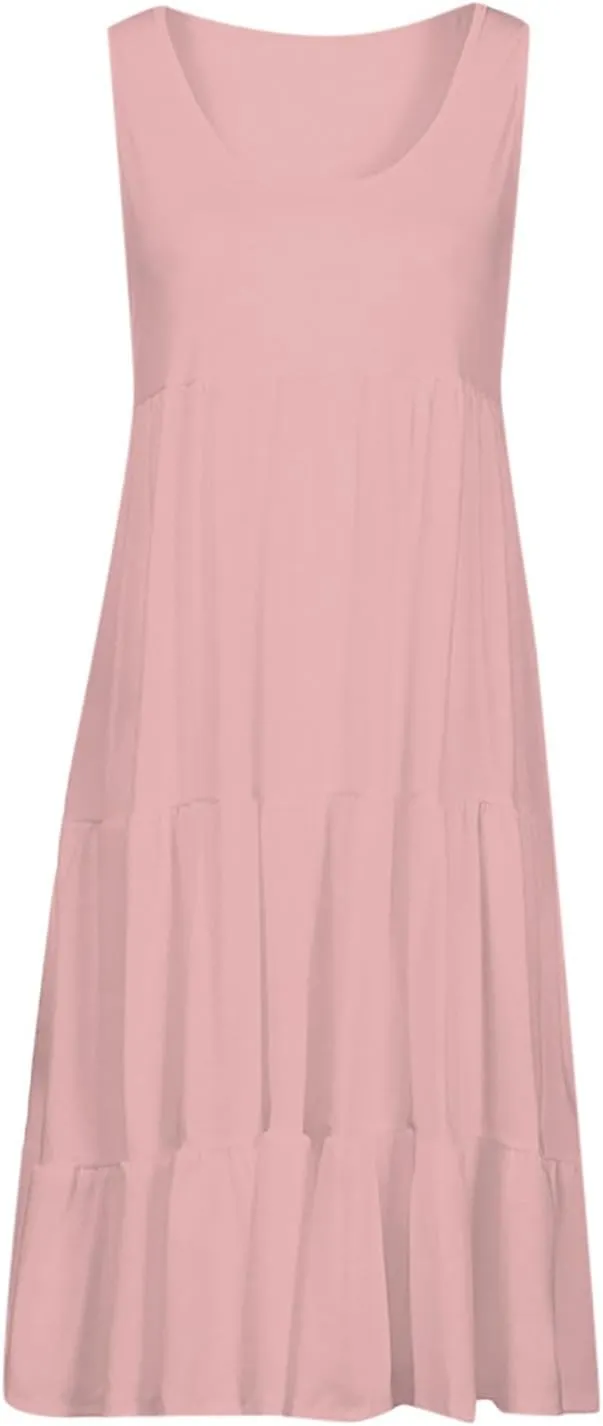 Womens Summer Dresses Casual Elegant Smocked Tiered Ruffle Beach Sundress Fashion Sleeveless Solid Tank Dress 2024