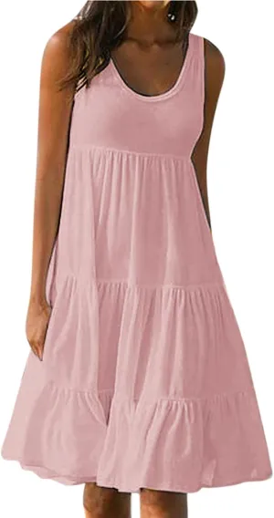 Womens Summer Dresses Casual Elegant Smocked Tiered Ruffle Beach Sundress Fashion Sleeveless Solid Tank Dress 2024