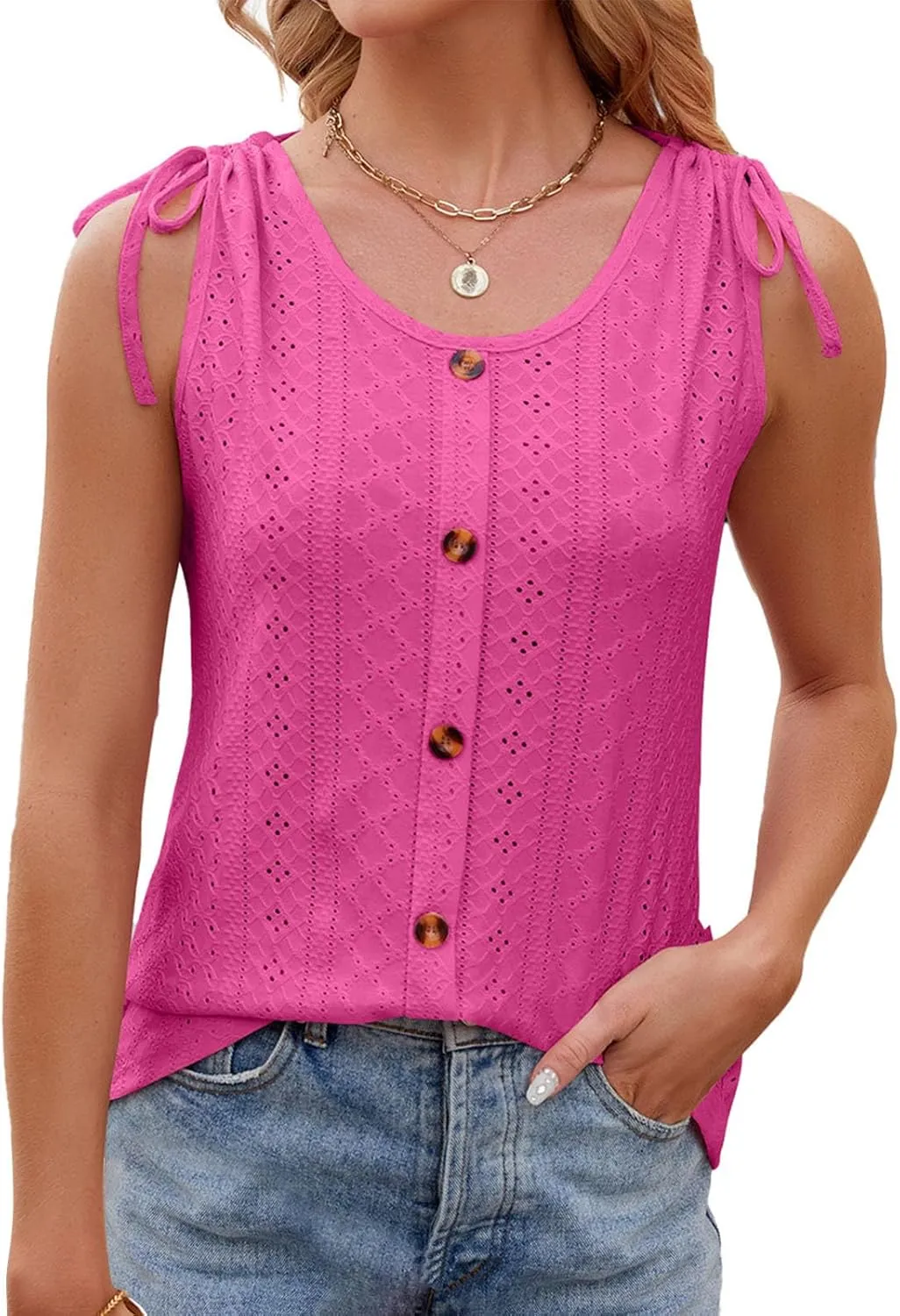 Womens Tank Top Lace up Blouse Ladies Hollow out Vests Sleeveless T Shirt Button up Tees Round Neck Tunic Top Loost
