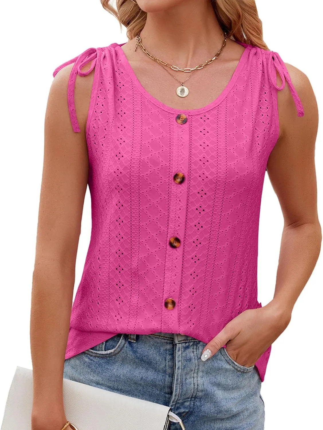 Womens Tank Top Lace up Blouse Ladies Hollow out Vests Sleeveless T Shirt Button up Tees Round Neck Tunic Top Loost