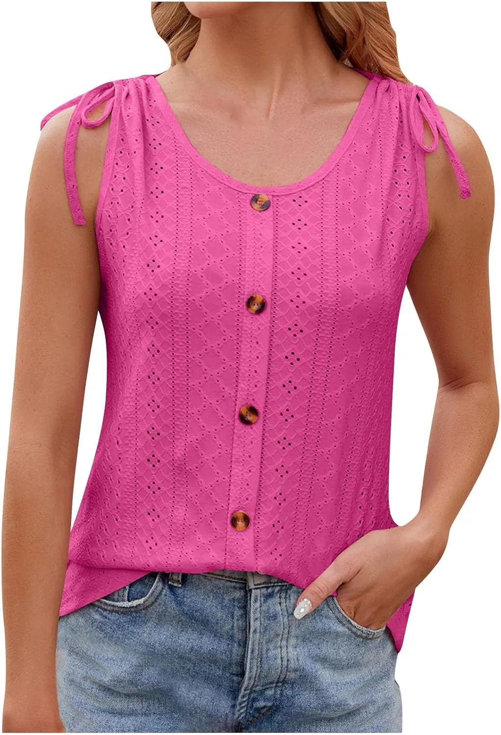 Womens Tank Top Lace up Blouse Ladies Hollow out Vests Sleeveless T Shirt Button up Tees Round Neck Tunic Top Loost