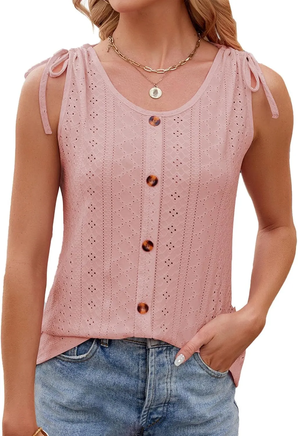 Womens Tank Top Lace up Blouse Ladies Hollow out Vests Sleeveless T Shirt Button up Tees Round Neck Tunic Top Loost