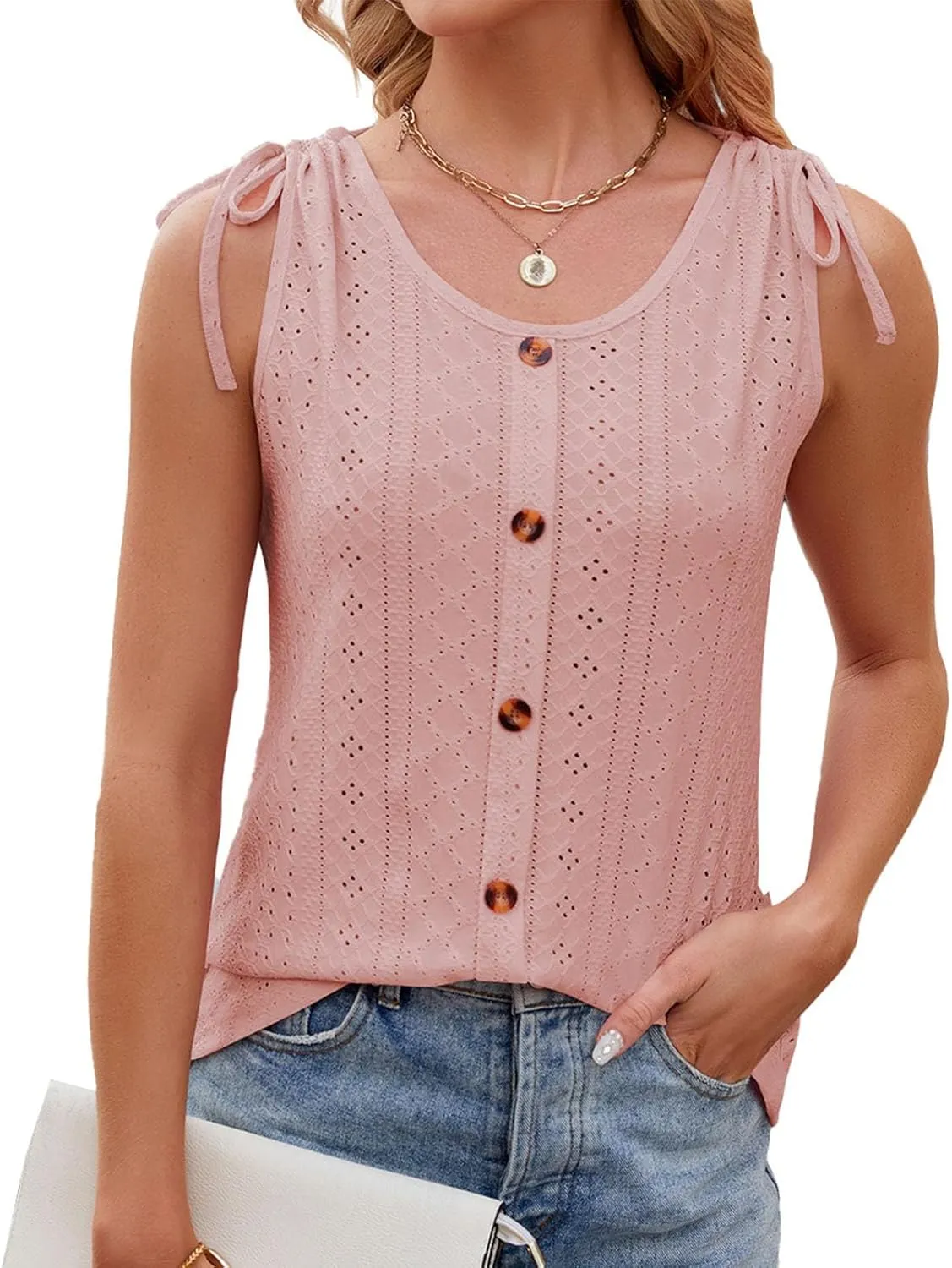 Womens Tank Top Lace up Blouse Ladies Hollow out Vests Sleeveless T Shirt Button up Tees Round Neck Tunic Top Loost