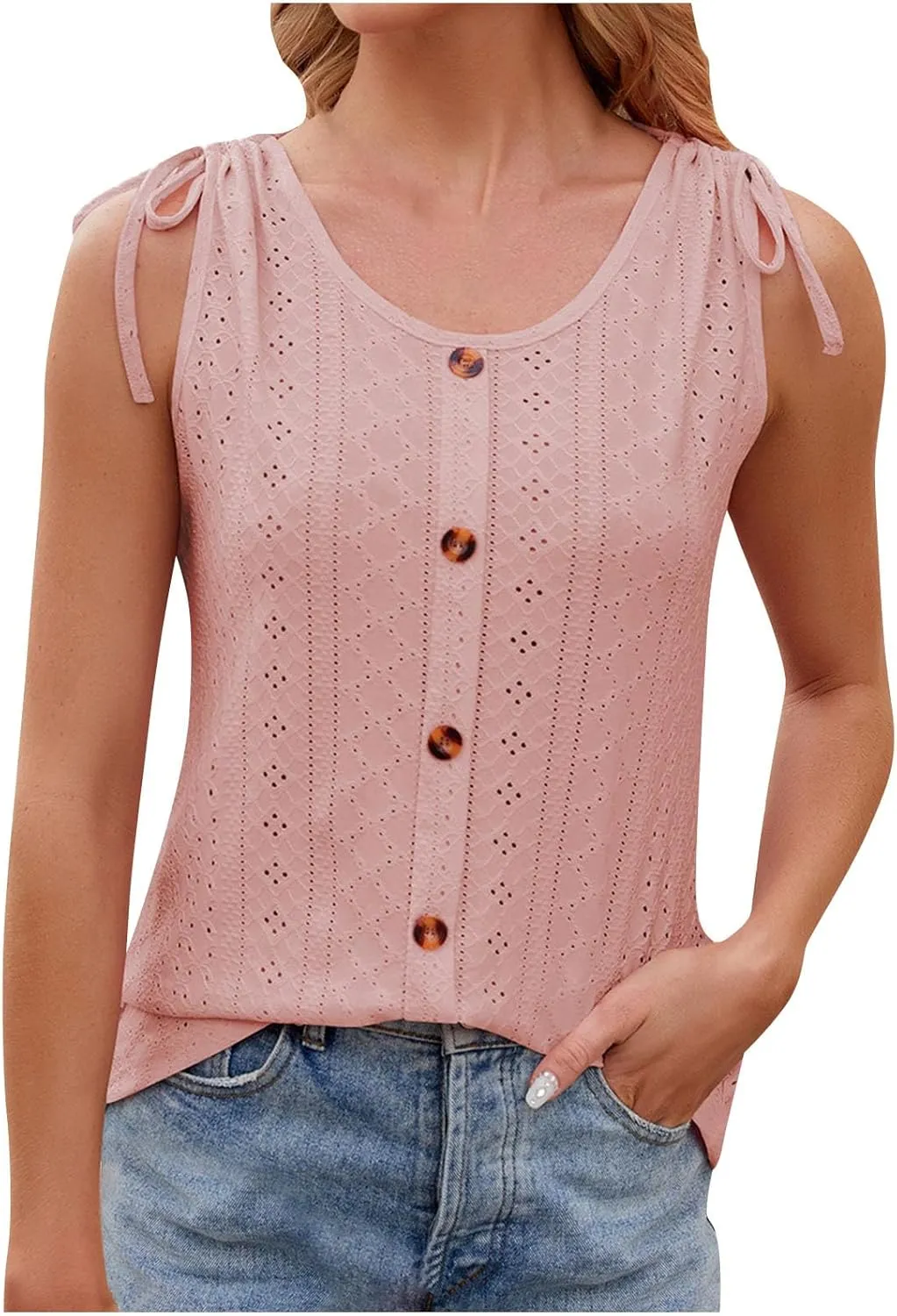 Womens Tank Top Lace up Blouse Ladies Hollow out Vests Sleeveless T Shirt Button up Tees Round Neck Tunic Top Loost