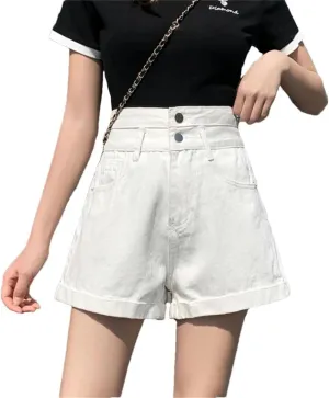 Women's Waisted Double Button Shorts Pants Classic Loose A-Line Wide Leg Denim Short Pants Denim Jeans High