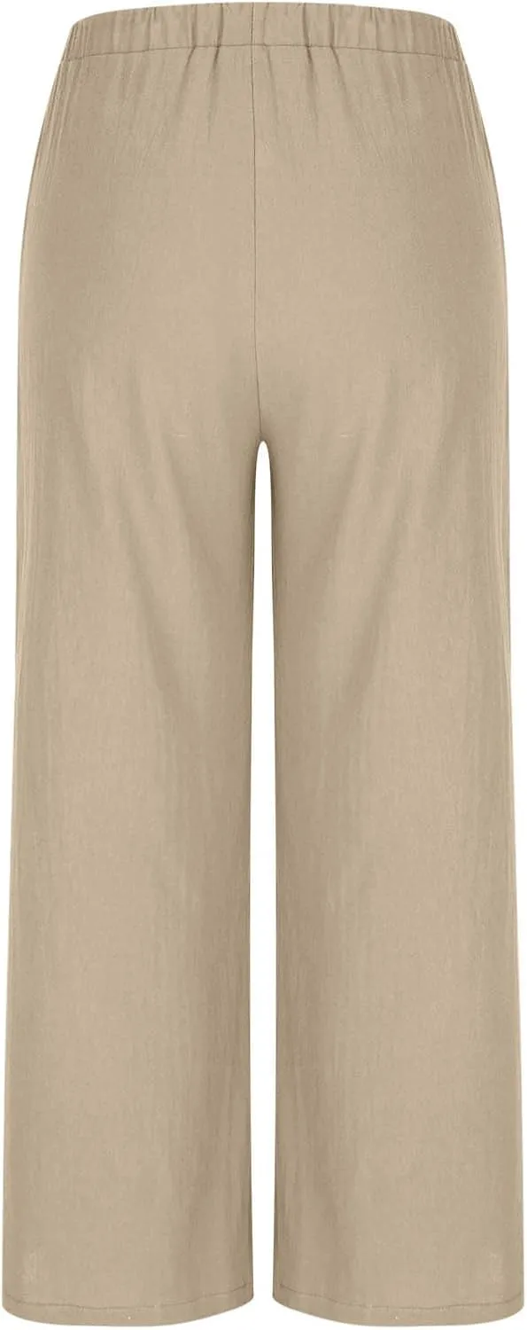 Womens Wide Leg Pants Linen Elastic High Waist Casual Pants Drawstring Loose Fit Flowy Palazzo Trousers with Pockets