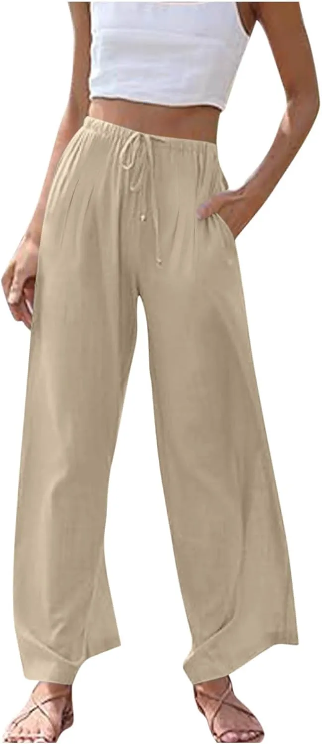 Womens Wide Leg Pants Linen Elastic High Waist Casual Pants Drawstring Loose Fit Flowy Palazzo Trousers with Pockets