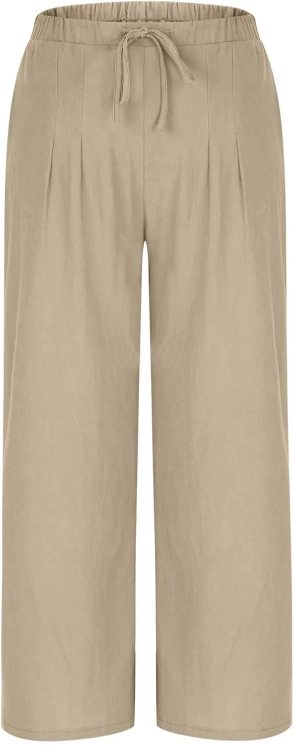Womens Wide Leg Pants Linen Elastic High Waist Casual Pants Drawstring Loose Fit Flowy Palazzo Trousers with Pockets