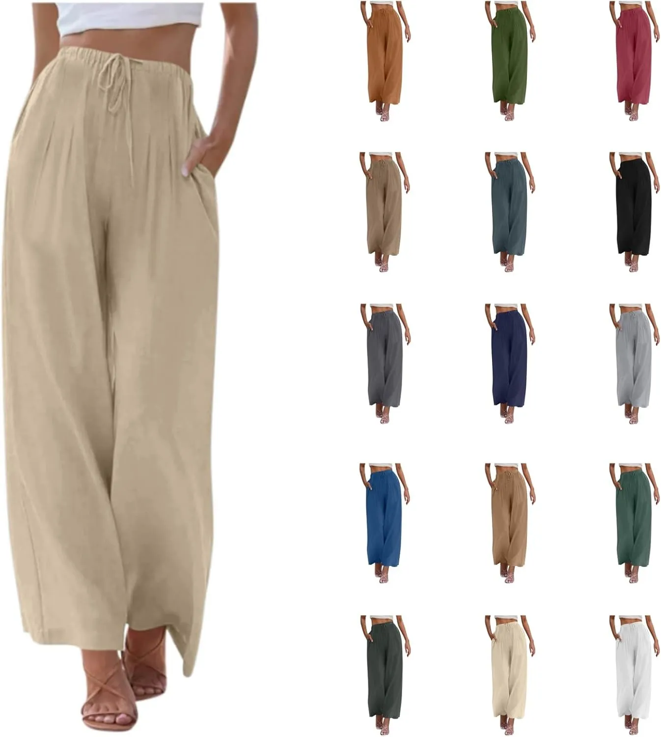 Womens Wide Leg Pants Linen Elastic High Waist Casual Pants Drawstring Loose Fit Flowy Palazzo Trousers with Pockets