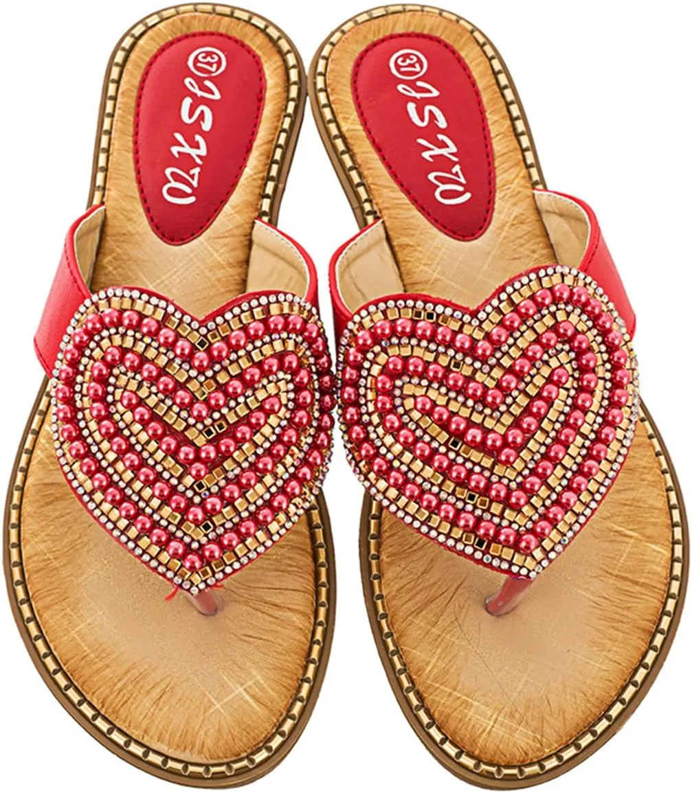 Womens Wide Width Comfy Flat Sequin Beaded Heart Shaped Jewelry Summer Beach Travel Fashion Flip Flops Sandals Slipper Shoes