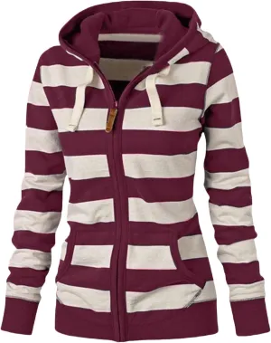 Womens Zip Up Hoodies Casual Oversized Striped Hoodies Sweatshirts Plain Zipper Classic Hooded Jackets with Pockets